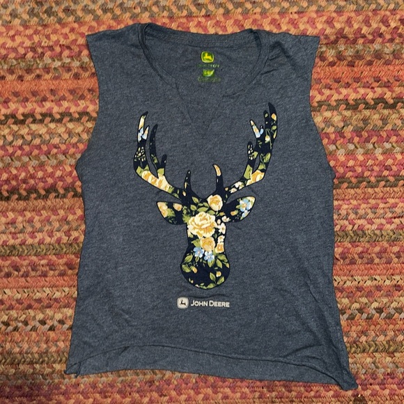 John Deere Tops - JOHN DEERE FLOWER FLORAL DEER CUT OFF TANK FARM